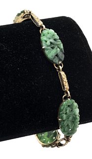Antique Vermeil Hand Carved Jade Bracelet