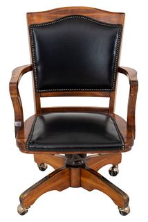 Oak & Black Leather Swivel Office Chair