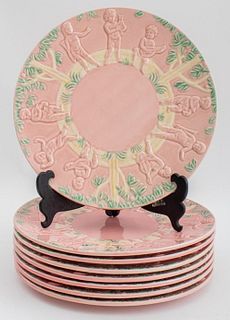 French Majolica Pink Cherubs Chargers / Plates, 8