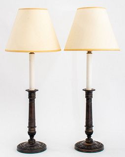 Charles X Style Patinated Bronze Candlestick Lamps