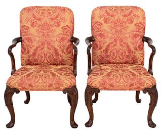 George II Style Mahogany Arm Chairs, Pair
