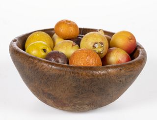 COUNTRY BURL TREENWARE BOWL WITH STONE FRUIT
