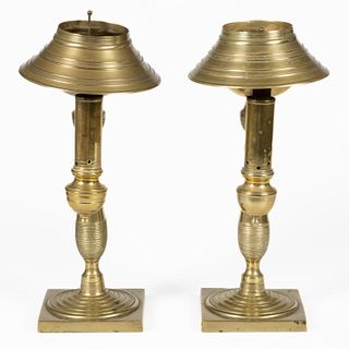 BRASS RUMFORD-TYPE SINGLE-ARM ARGAND STAND LAMPS, PAIR