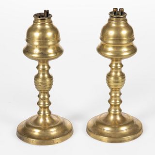 CAST BRASS WHALE OIL STAND LAMPS, PAIR