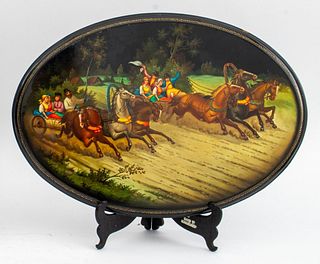 Soviet Lacquer Oval Panel, Fedoskino, 1986