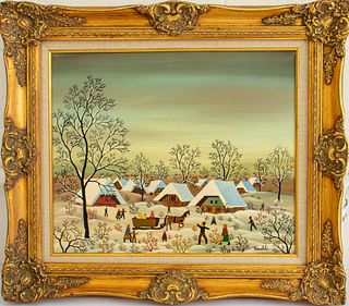 A. Kowalski Folk Art Winter Scene Oil on Canvas