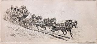 Edward Borein, (American, 1872-1945), Four Etchings: Stagecoach, Plaza, Oxen Cart, and Wagon Train