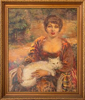 Signed Portrait of Lady with Cat Oil on Canvas