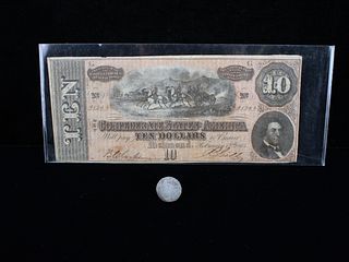 1864 CONFEDERATE $10 BILL AND MUSKET BALL