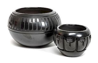 Two Santa Clara Blackware Bowls Height of larger 3 x diameter 4 3/4 inches.