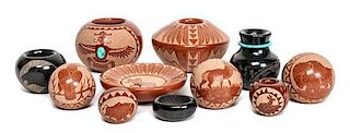 Eleven Red Starr (b. 1937), Sioux Miniature Pottery Items Height of largest 1 1/2 x diameter 2 1/2 inches.