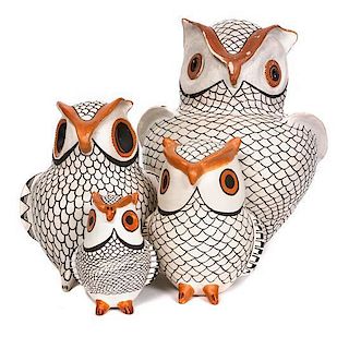 Four Acoma Polychrome Pottery Owls Height of largest 12 1/2 inches.