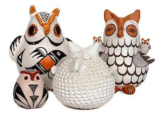 Four Acoma Pottery Owls Height of tallest 8 inches.