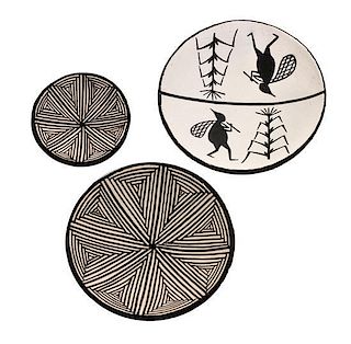 Three Acoma Miniature Pottery Plates Diameter of largest 2 inches.