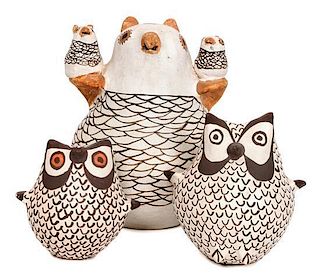 Three Acoma Polychrome Pottery Owls Height of tallest 6 1/4 inches.