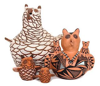 Four Zuni Pottery Owls Height of tallest 7 3/4 inches.