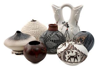 Seven Contemporary Pueblo Pottery Vessels Height of tallest 8 1/4 inches.