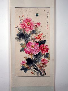 SCROLL OF PINK PEONIES AND BUTTERFLIES 