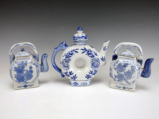 THREE BLUE & WHITE TEA POTS