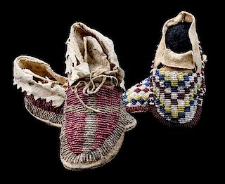 Two Pairs of Northern Plains Child's Moccasins Length of longest 5 inches.