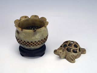 CARVED & PIERCED JADE TURTLE & SMALL CENSER 
