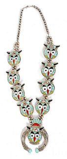 A Zuni Owl Necklace, Ted Edakie Length 28 1/2 inches; naja 3 1/2 x 2 3/4 inches
