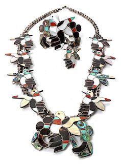 A Zuni Inlay Multiple Stone Hummingbird Design Suite Length of necklace 27 1/2 inches; length of bracelet 5 x opening 1 1/2 i