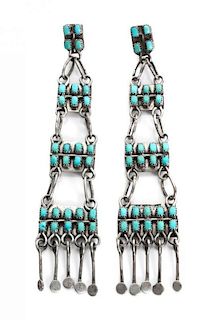 A Pair of Zuni Silver and Turquoise Drop Earrings Length 4 inches.