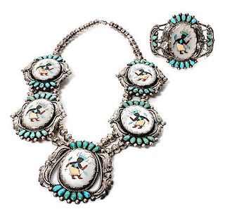 A Zuni Gan Dancer Necklace and Bracelet Length of necklace 21 inches; bracelet length 6 x opening 1 inch (approx.)