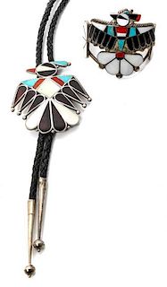 A Zuni Chanel Inlay Thunderbird Bolo and Bracelet Length of bracelet 5 1/4 x opening 1 1/4 inches.