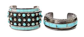 Two Zuni Silver and Turquoise Bracelets Length of largest 5 1/2 x opening 1 1/2 x width 1 7/8 inches (approx.)