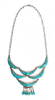 A Zuni Silver and Turquoise Flush Inlay Pictorial Necklace Length 18 inches.