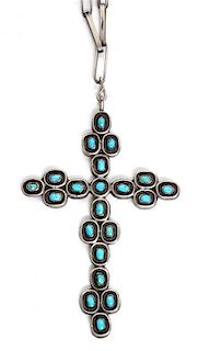 A Zuni Silver, Turquoise and Coral Cross Pendant Height 3 1/4 x 2 1/4 inches.