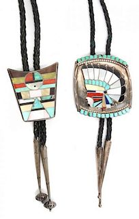 Two Zuni Inlay Bolos Height of first 2 3/8 x width 2 1/8 inches.