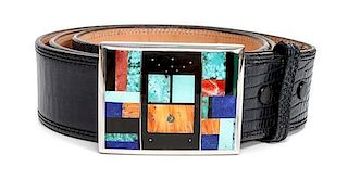 A Zuni Style Inlaid Belt Buckle Height of buckle 1 7/8 x 2 1/4 inches.