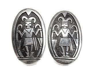 A Pair of Hopi Silver Cuff Links, Attributed to Victor Coochwytewa