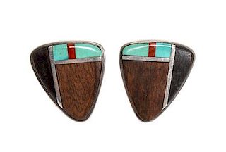 A Pair of Hopi Silver, Turquoise, Coral and Ironwood Earclips, Charles Loloma (1921-1991) Height 1 inches.