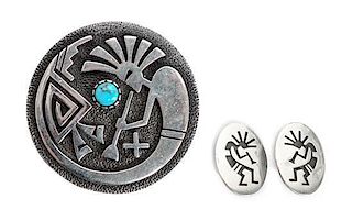 A Hopi Silver and Turquoise Brooch, Ramon Dalangyawma Diameter 2 inches.