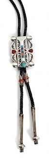 A Navajo Silver, Turquoise and Coral Bolo, Michael Perry Height 3 inches.