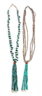 Four Santo Domingo Turquoise and Shell Heishi Necklaces Length of longest 32 inches; naja 5 inches.