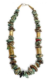 A Santo Domingo Gilt Silver and Turquoise Necklace, Tony Aguilar, Sr. Length 26 inches.