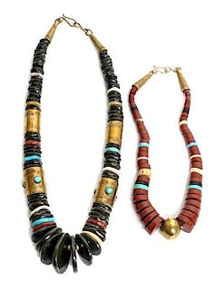 Two Santo Domingo Brass and Multi Stone Necklaces, Tony Aguilar, Sr. Length of longer 22 inches.