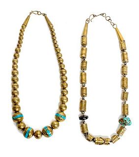 Two Santo Domingo Turquoise and Brass Necklaces, Tony Aguilar, Sr. Length of each 22 inches.