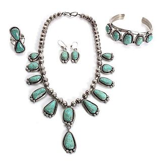 A Navajo Silver and Turquoise Four Piece Set Length of necklace 4 inches.