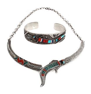 A Navajo Silver, Coral and Turquoise Cuff and Matching Necklace, Gordon and Nusie Henry
