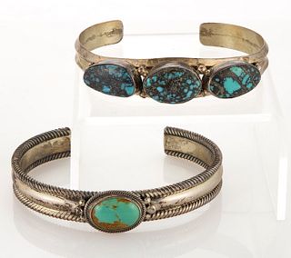 ROIE JAQUE (NAVAJO) NATIVE AMERICAN TURQUOISE AND STERLING SILVER CUFF BRACELETS, LOT OF TWO