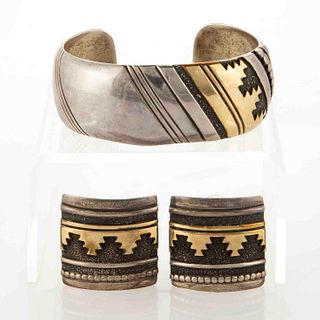 THOMAS (TOMMY) SINGER (NAVAJO, 1940-2014) NATIVE AMERICAN STERLING SILVER WITH GOLD OVERLAY THREE-PIECE BRACELET AND EARRING SET
