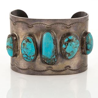 NAVAJO ATTRIBUTED NATIVE AMERICAN TURQUOISE AND SILVER WIDE CUFF BRACELET