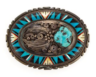 POSSIBLY ZUNI NATIVE AMERICAN OR ZUNI-STYLE STONE INLAY AND SILVER BELT BUCKLE