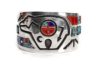 A Navajo Silver and Multi-Stone Cuff, Jimmy Secatero Length 5 3/8 x opening 1 1/4 width 1 3/4 inches.